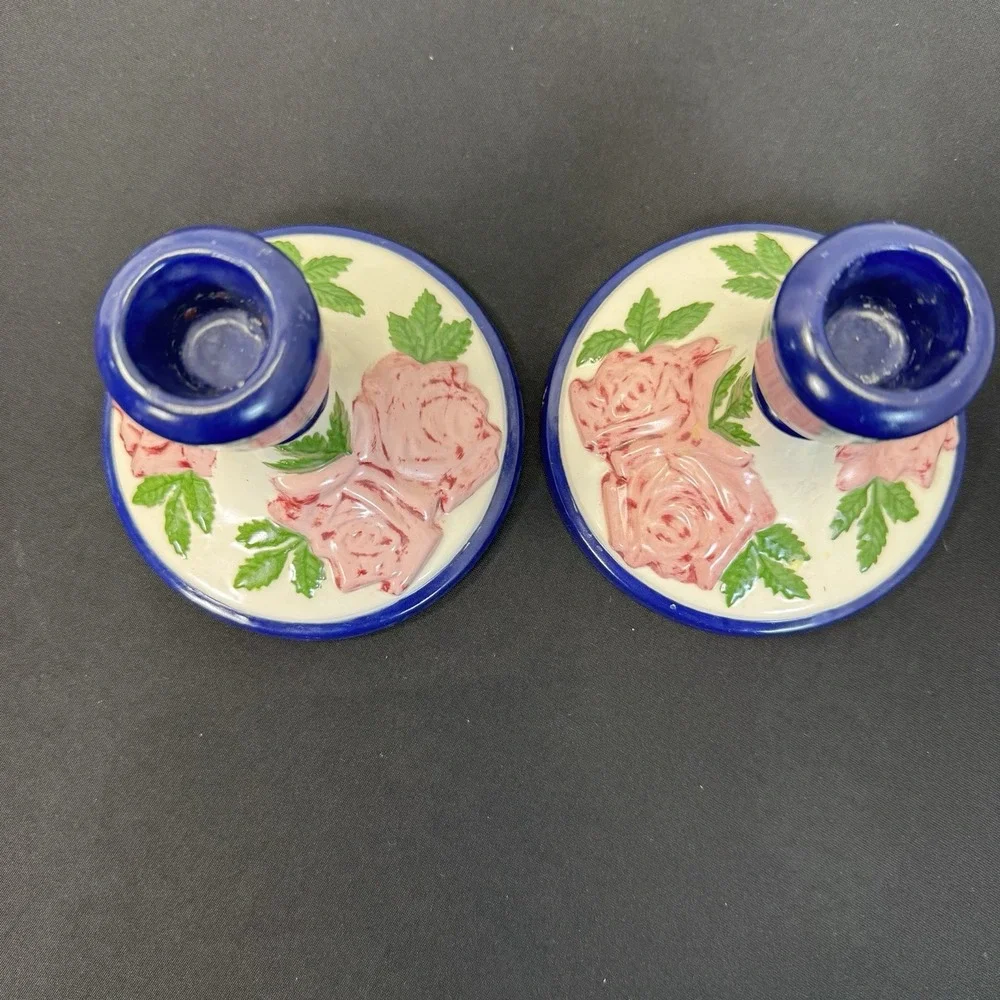 Vtg 1970s Hand Painted Folk Art Pottery Candle Stick Holders Pair‎ of 2